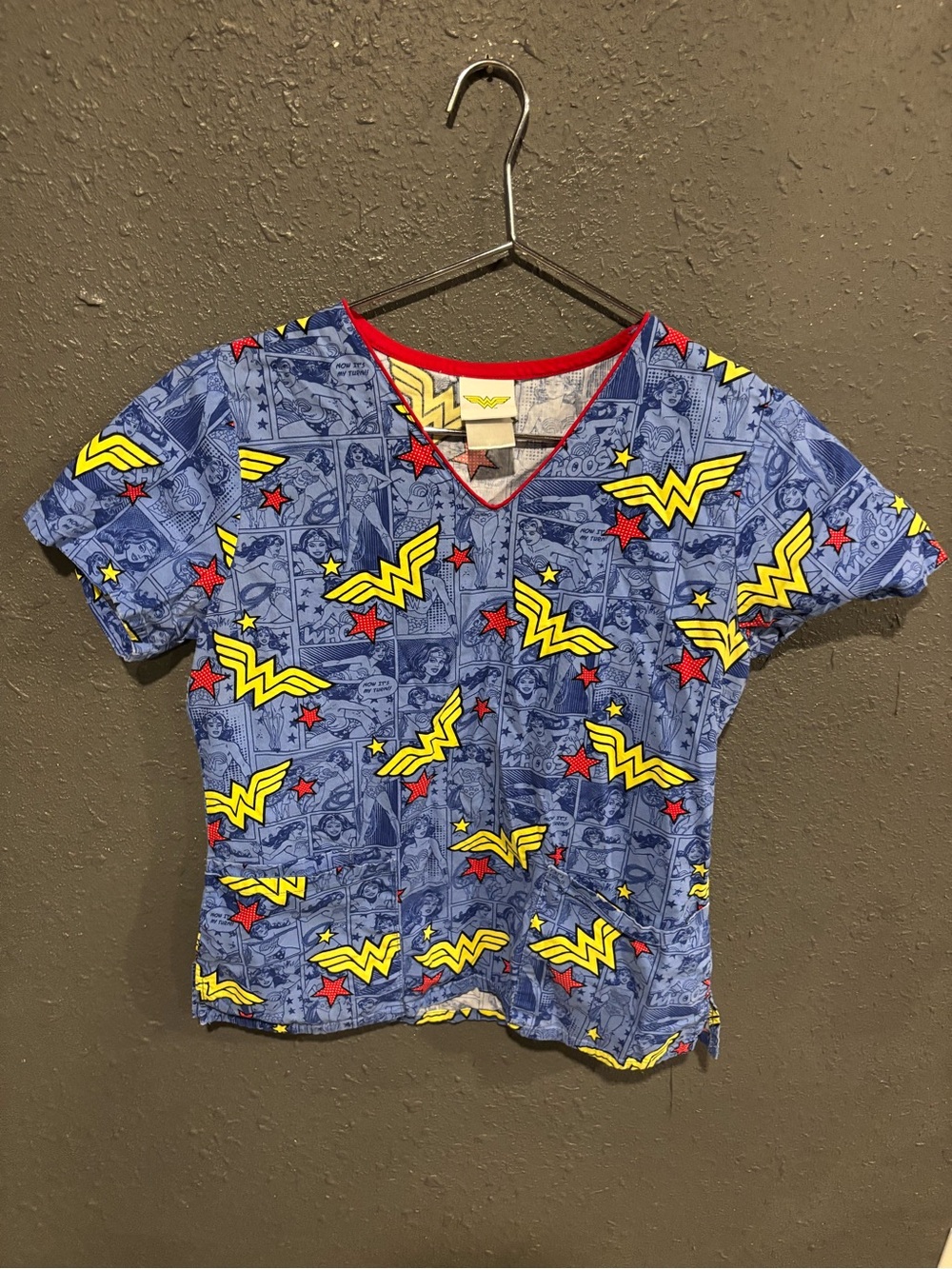 DC Comics Blue Wonder Woman Logo Scrub Top with Red Trim